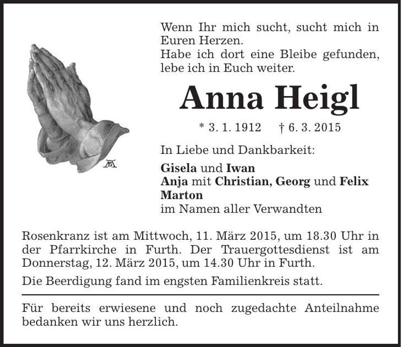Traueranzeige Anna Heigl