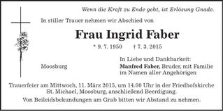 Traueranzeige Ingrid Faber