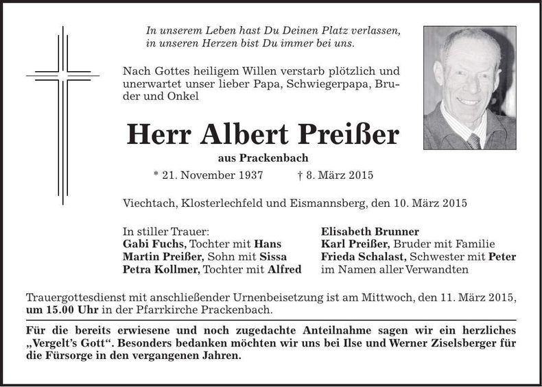 Traueranzeige Albert Preißer