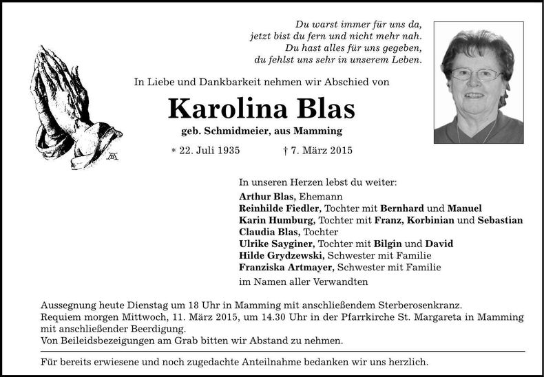 Traueranzeige Karolina Blas