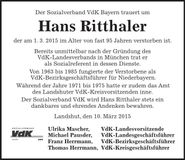 Traueranzeige Hans Ritthaler