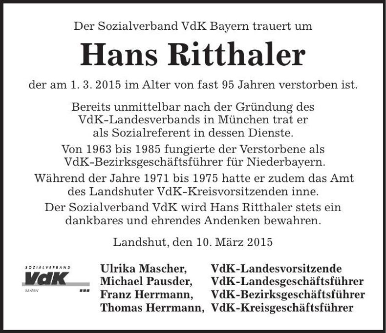 Traueranzeige Hans Ritthaler