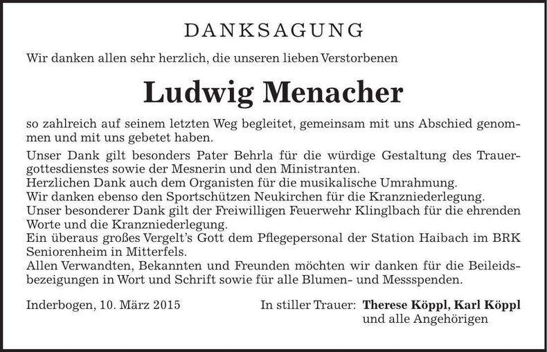 Traueranzeige Ludwig Menacher