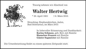 Traueranzeige Walter Hertwig
