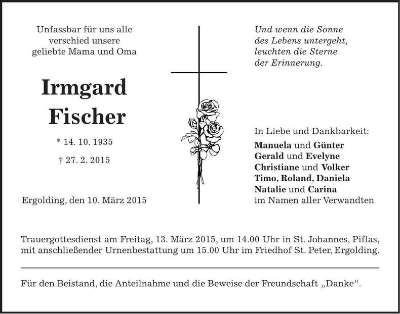 Traueranzeige Irmgard Fischer
