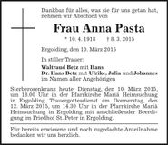 Traueranzeige Anna Pasta