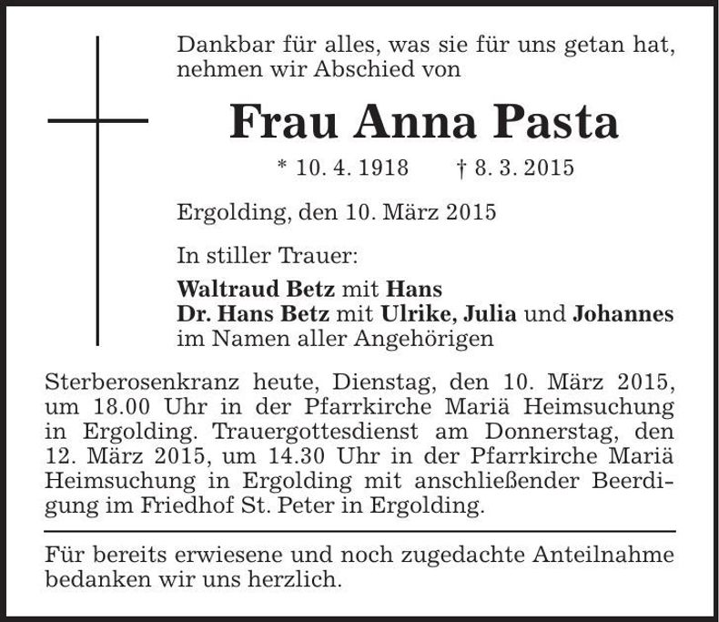 Traueranzeige Anna Pasta