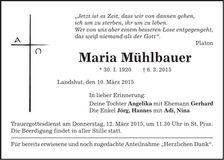 Traueranzeige Maria Mühlbauer
