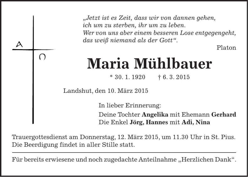 Traueranzeige Maria Mühlbauer