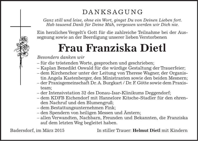 Traueranzeige Franziska Dietl