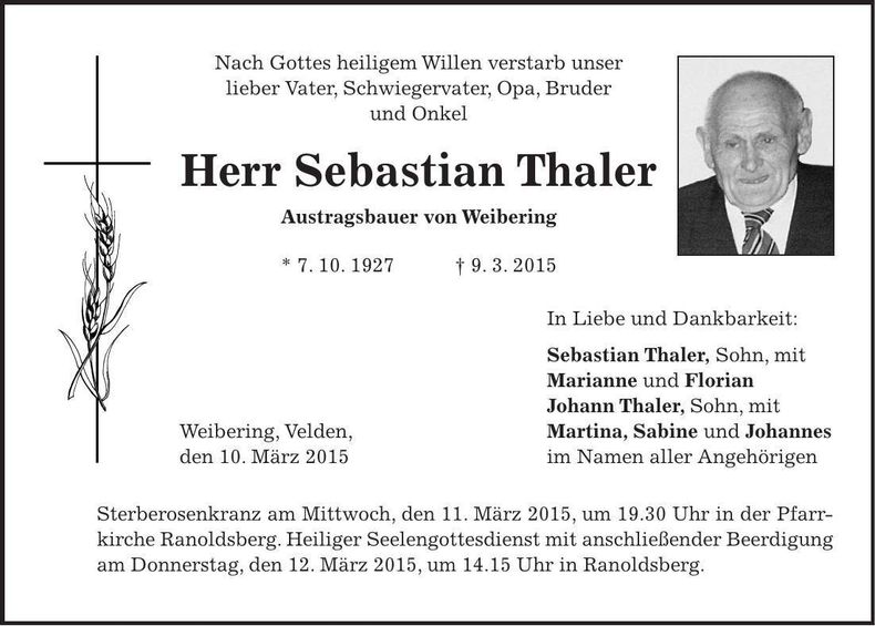 Traueranzeige Sebastian Thaler