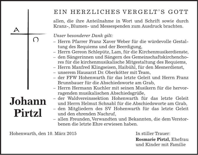Traueranzeige Johann Pirtzl