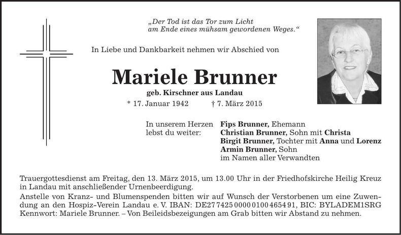 Traueranzeige Mariele Brunner
