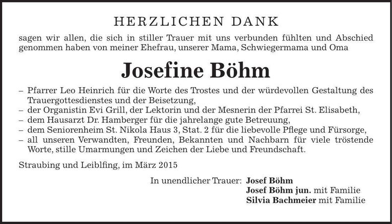 Traueranzeige Josefine Böhm