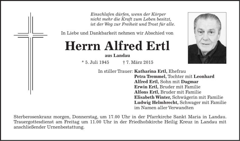 Traueranzeige Alfred Ertl