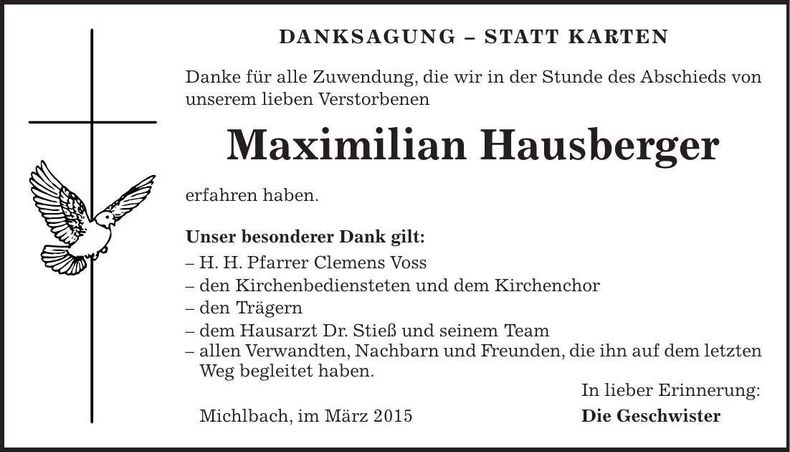 Traueranzeige Maximilian Hausberger
