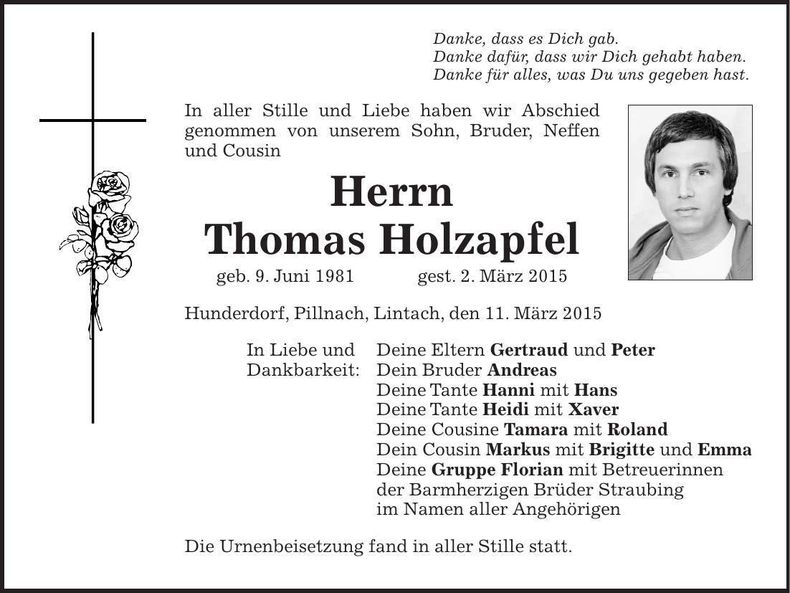 Traueranzeige Thomas Holzapfel