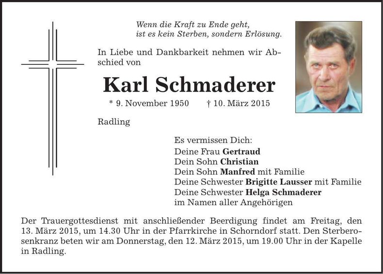 Traueranzeige Karl Schmaderer