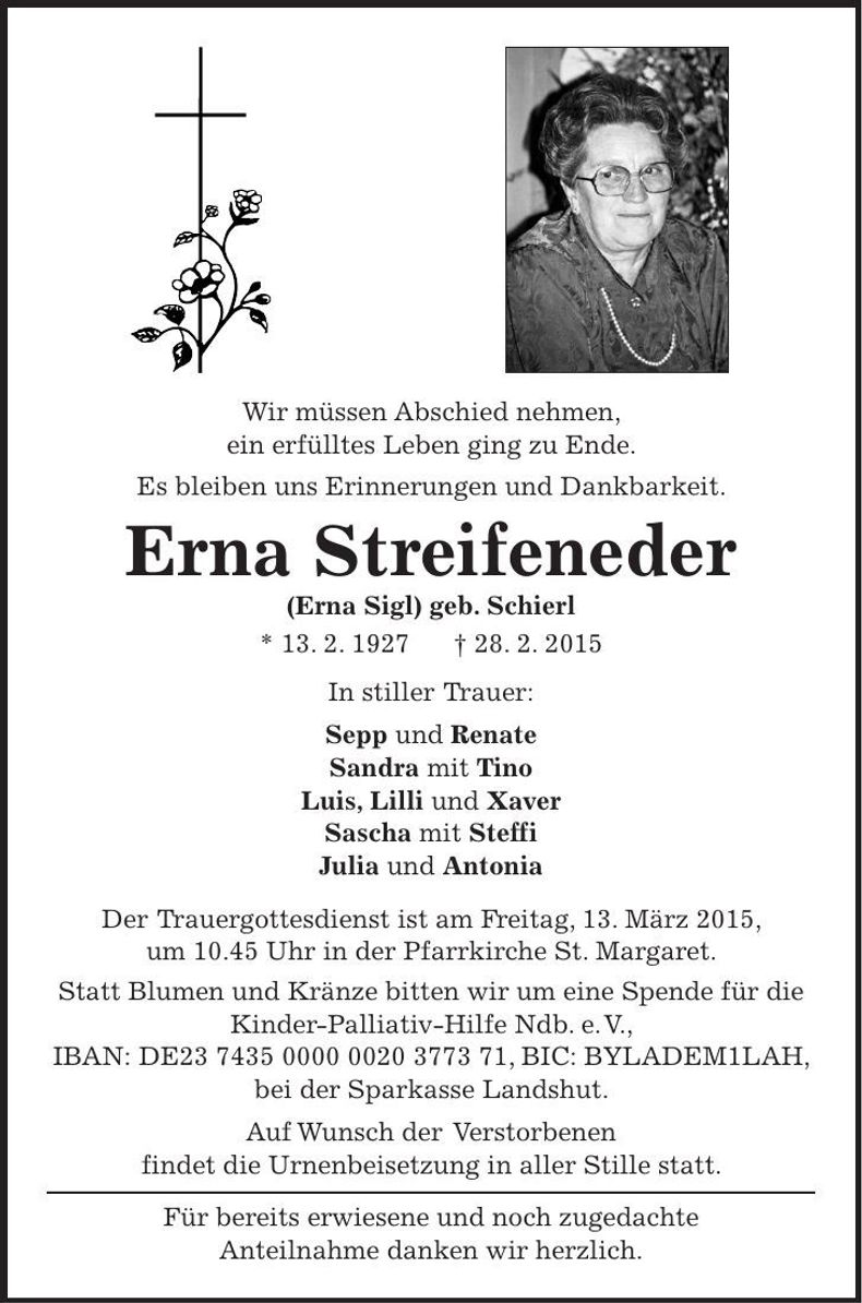 Traueranzeige Erna Streifeneder