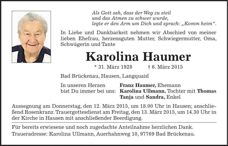 Traueranzeige Karolina Haumer