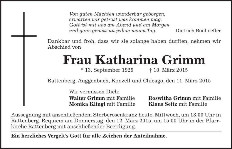 Traueranzeige Katharina Grimm