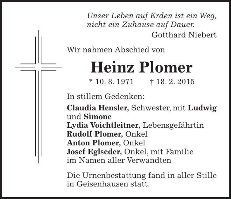 Traueranzeige Heinz Plomer
