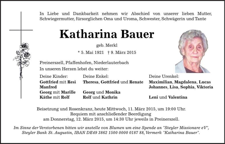 Traueranzeige Katharina Bauer