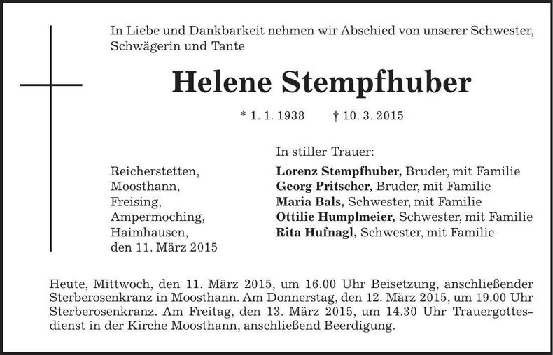 Traueranzeige Helene Stempfhuber