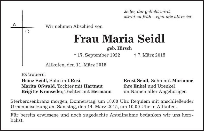 Traueranzeige Maria Seidl