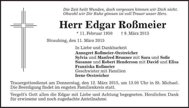 Traueranzeige Edgar Roßmeier