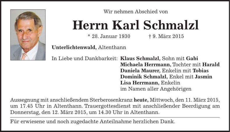 Traueranzeige Karl Schmalzl