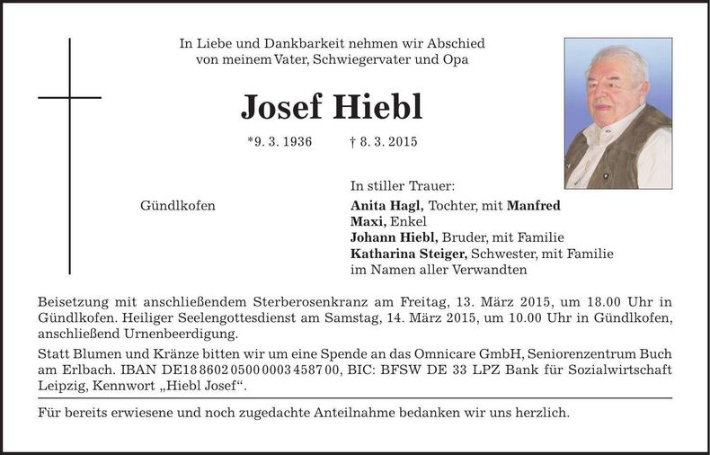 Traueranzeige Josef Hiebl