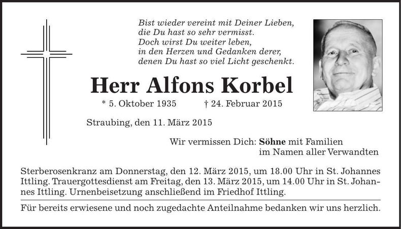 Traueranzeige Alfons Korbel