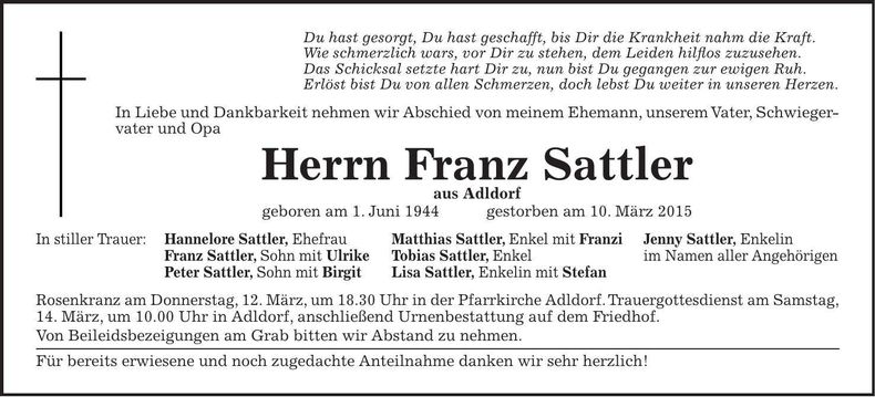Traueranzeige Franz Sattler