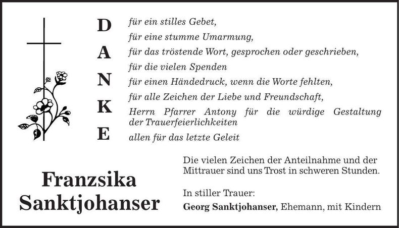 Traueranzeige Franziska Sanktjohanser