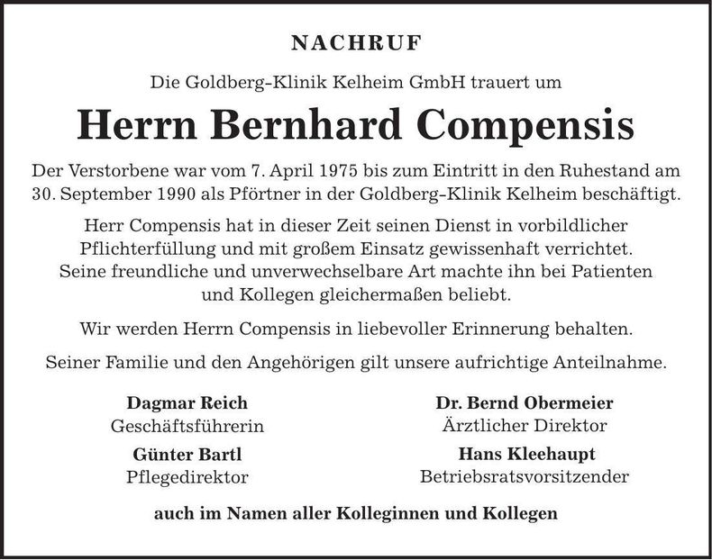Traueranzeige Bernhard Compensis