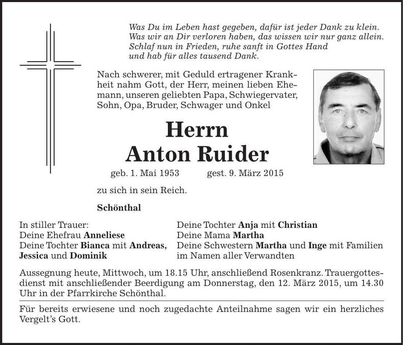Traueranzeige Anton Ruider