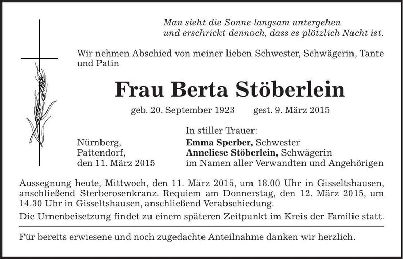 Traueranzeige Berta Stöberlein