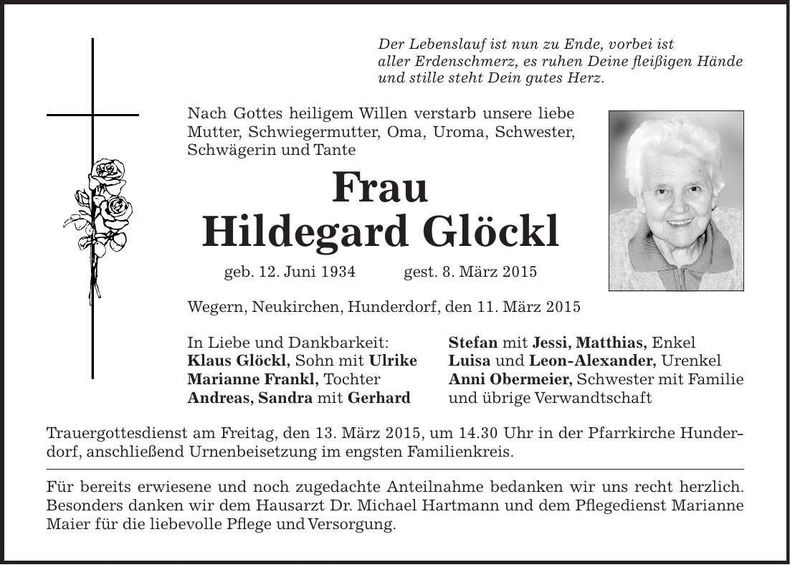 Traueranzeige Hildegard Glöckl