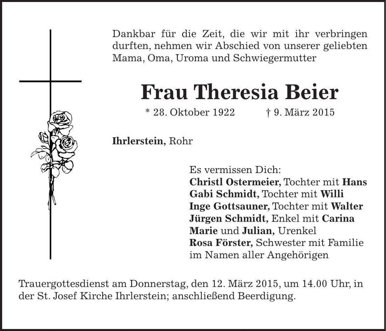 Traueranzeige Theresia Beier