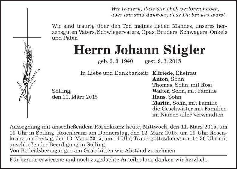 Traueranzeige Johann Stigler