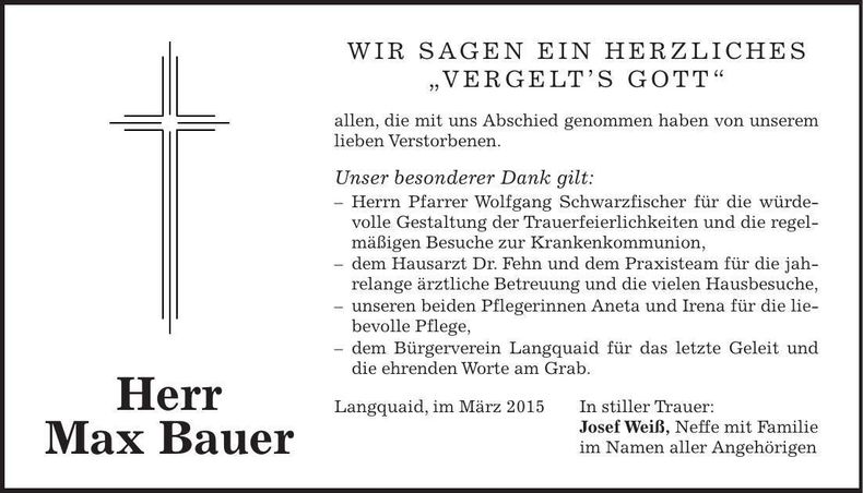 Traueranzeige Max Bauer