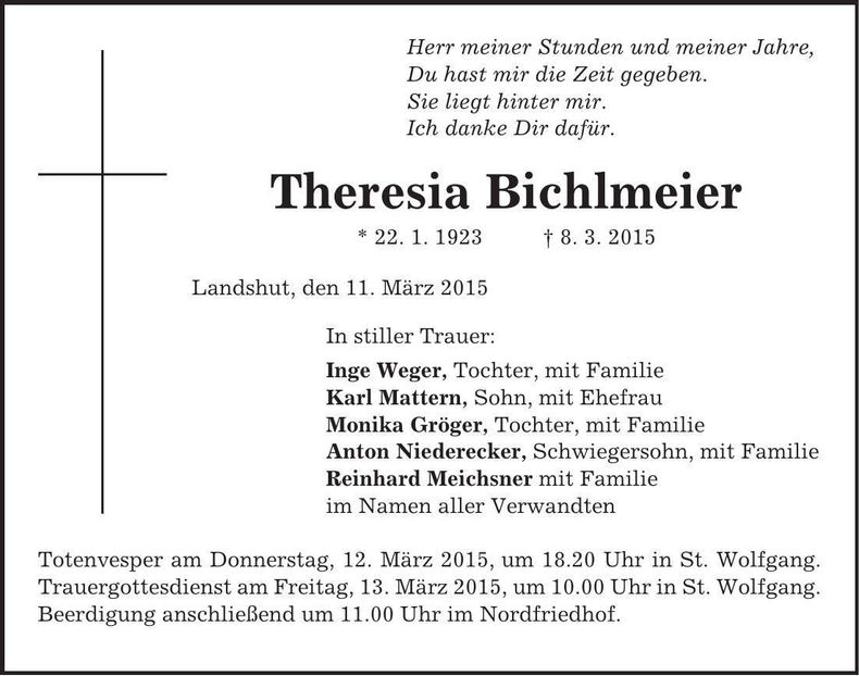 Traueranzeige Theresia bichlmeier
