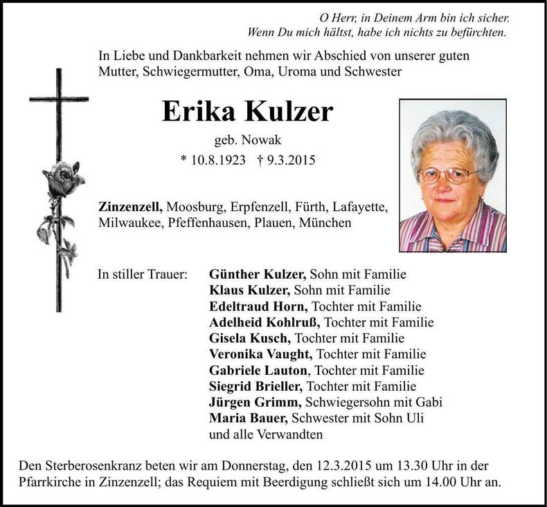 Traueranzeige Erika Kulzer