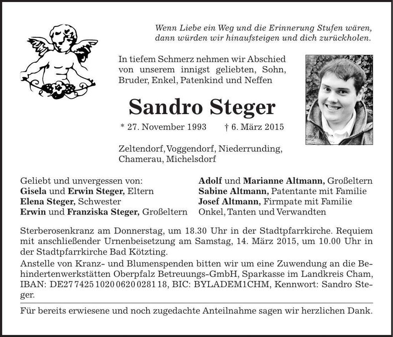 Traueranzeige Sandro Steger