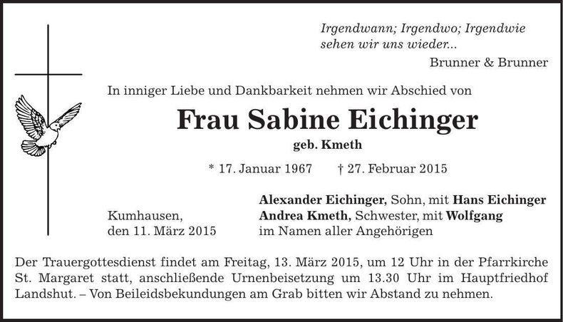 Traueranzeige Sabine Eichinger