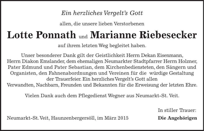 Traueranzeige Riebesecker Marianne Ponnath Lotte
