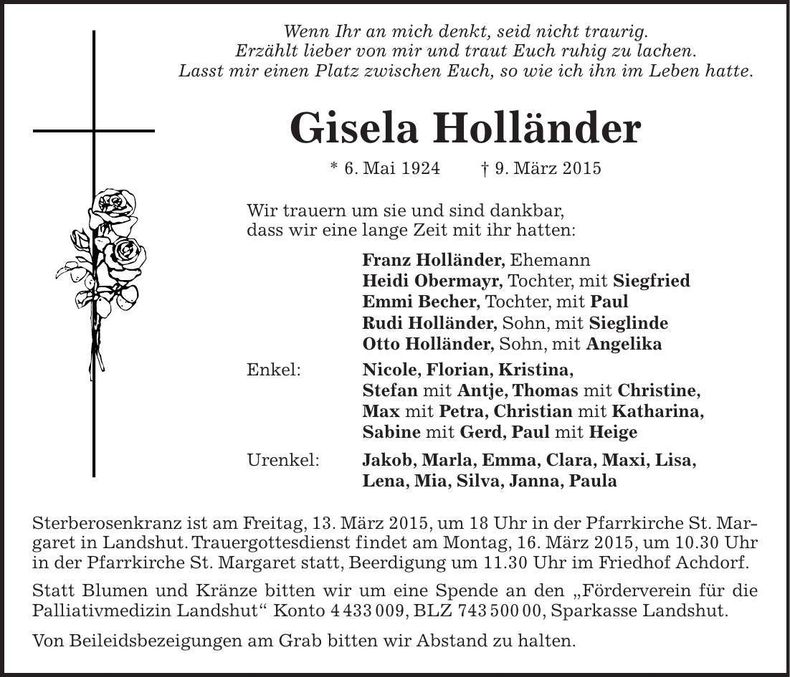 Traueranzeige Gisela Holländer