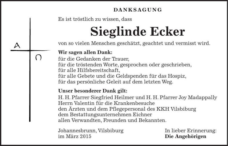 Traueranzeige Sieglinde Ecker