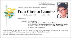 Traueranzeige Christa Laumer